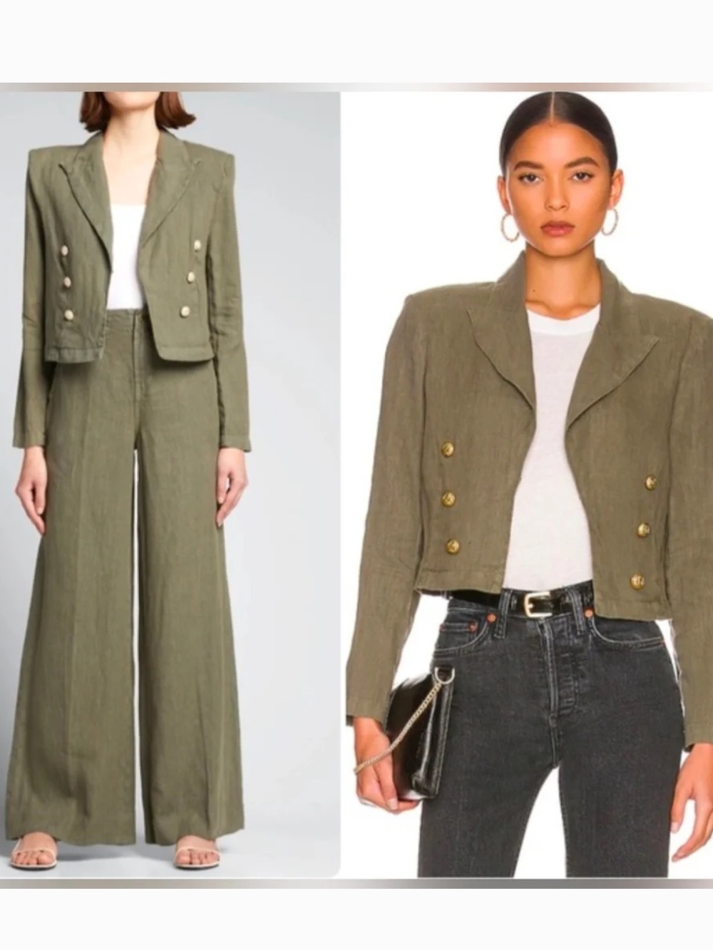 L'AGENCE Dolly Cropped linen Blazer with Gold Buttons